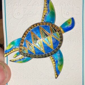 Vintage Zarah Sea Turtle Enamel Sterling Silver Pin Brooch Vibrant Colors